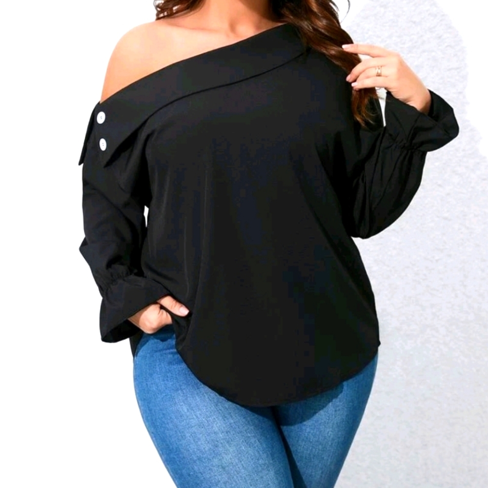 New Privé Plus size Asymmetrical Neck Flounce Sleeve Button Detail Blouse